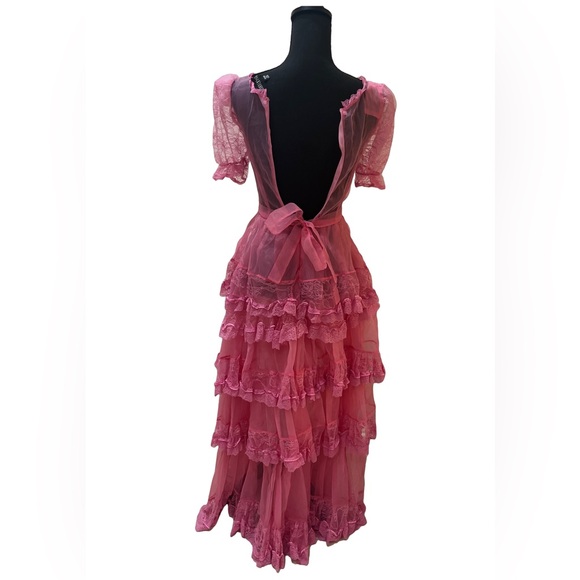 Current Mood Pretty Imperfect Gothic Ruffle Pink Lace Maxi Dress - Picture 3 of 6